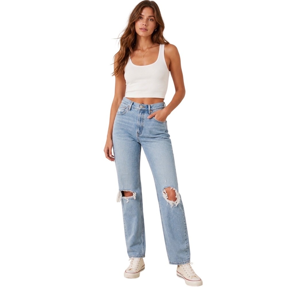 Abercrombie & Fitch The 90s Straight Ultra High Rise Jeans 27 4R Blue Distressed